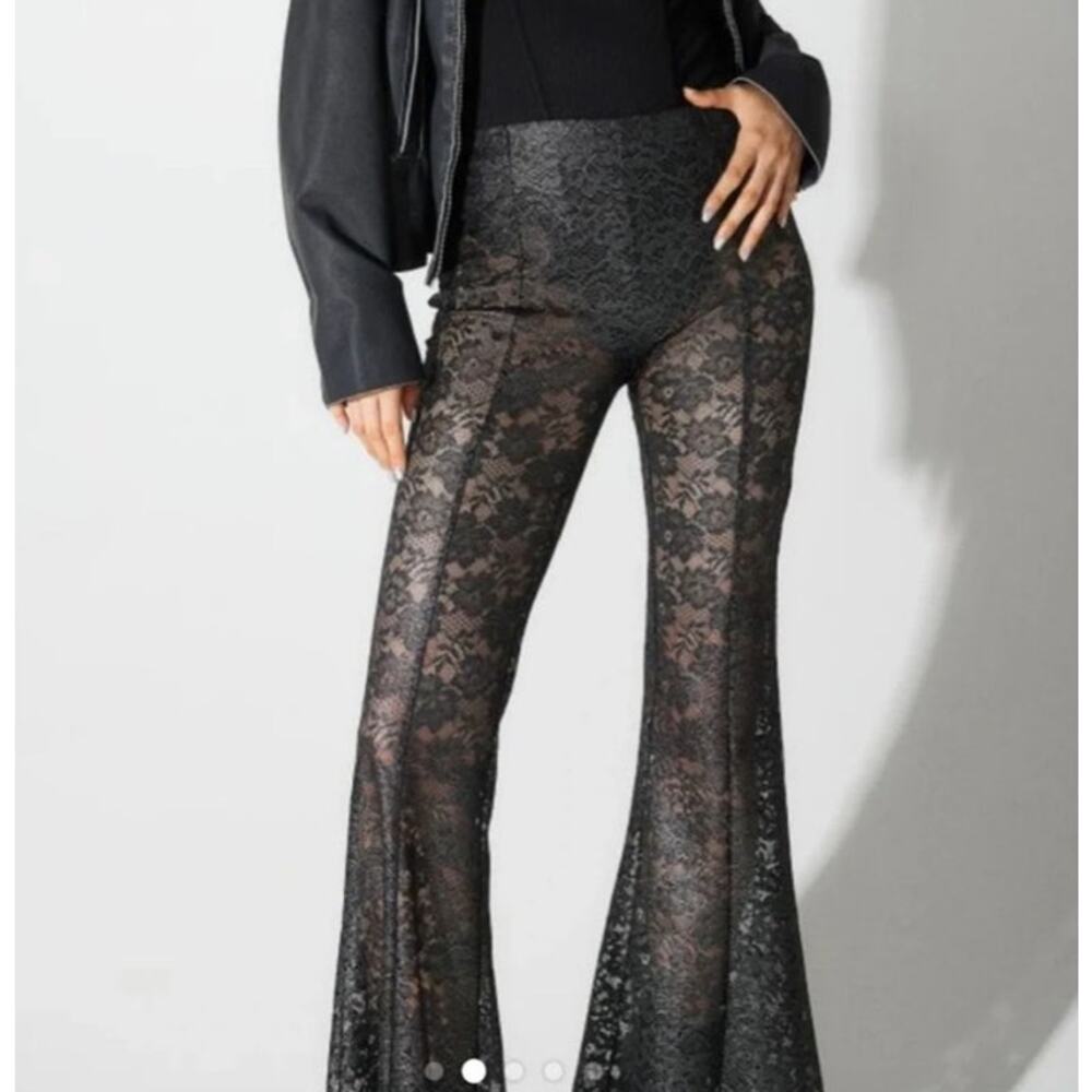 H&M Sheer Lace Flare Pants Metallic Wide Leg Y2K Coquette Festival Size 8